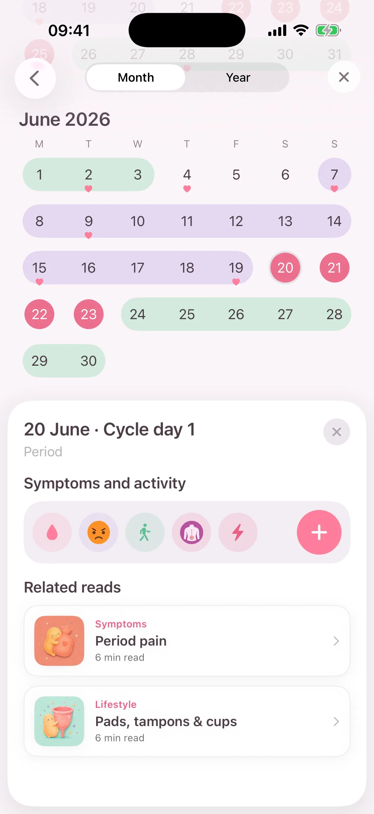 Calendar with cycle phases and a day summary