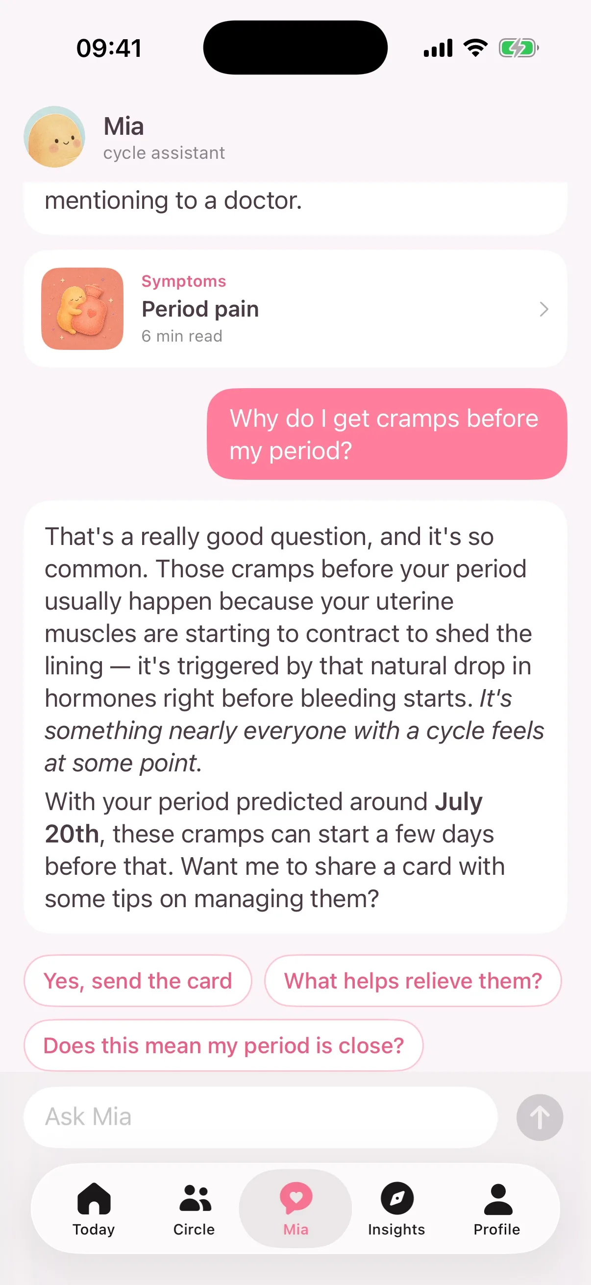 Chat with Mia about period cramps